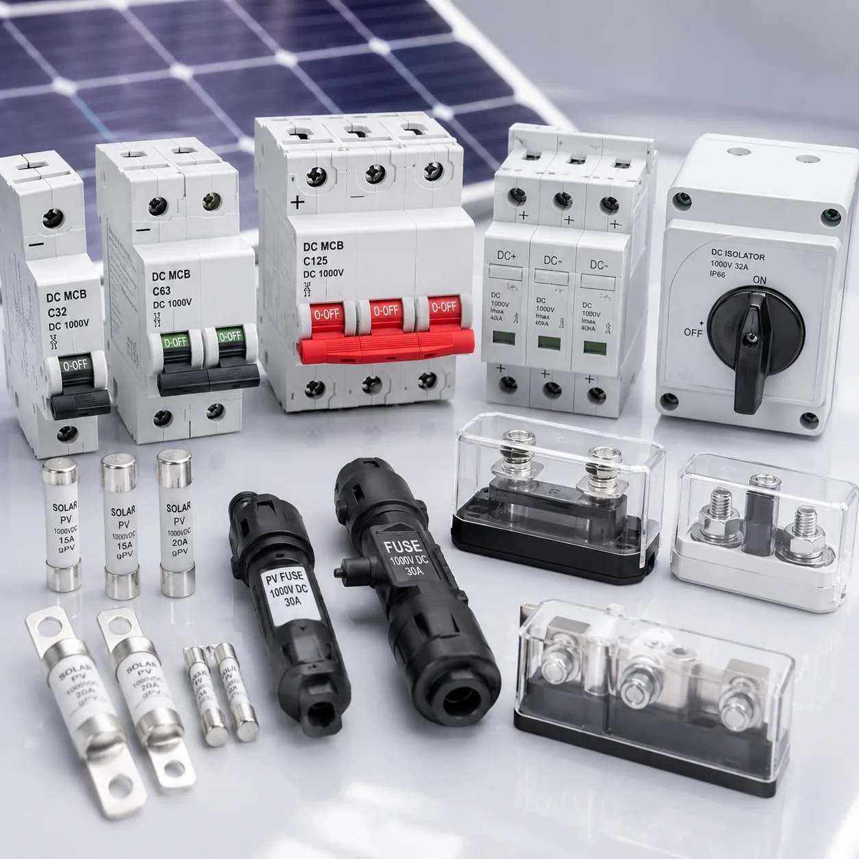 Breakers DC MCB, protectores contra sobretensiones (SPD), fusibles PV, portafusibles y aislador DC para paneles y baterías solares