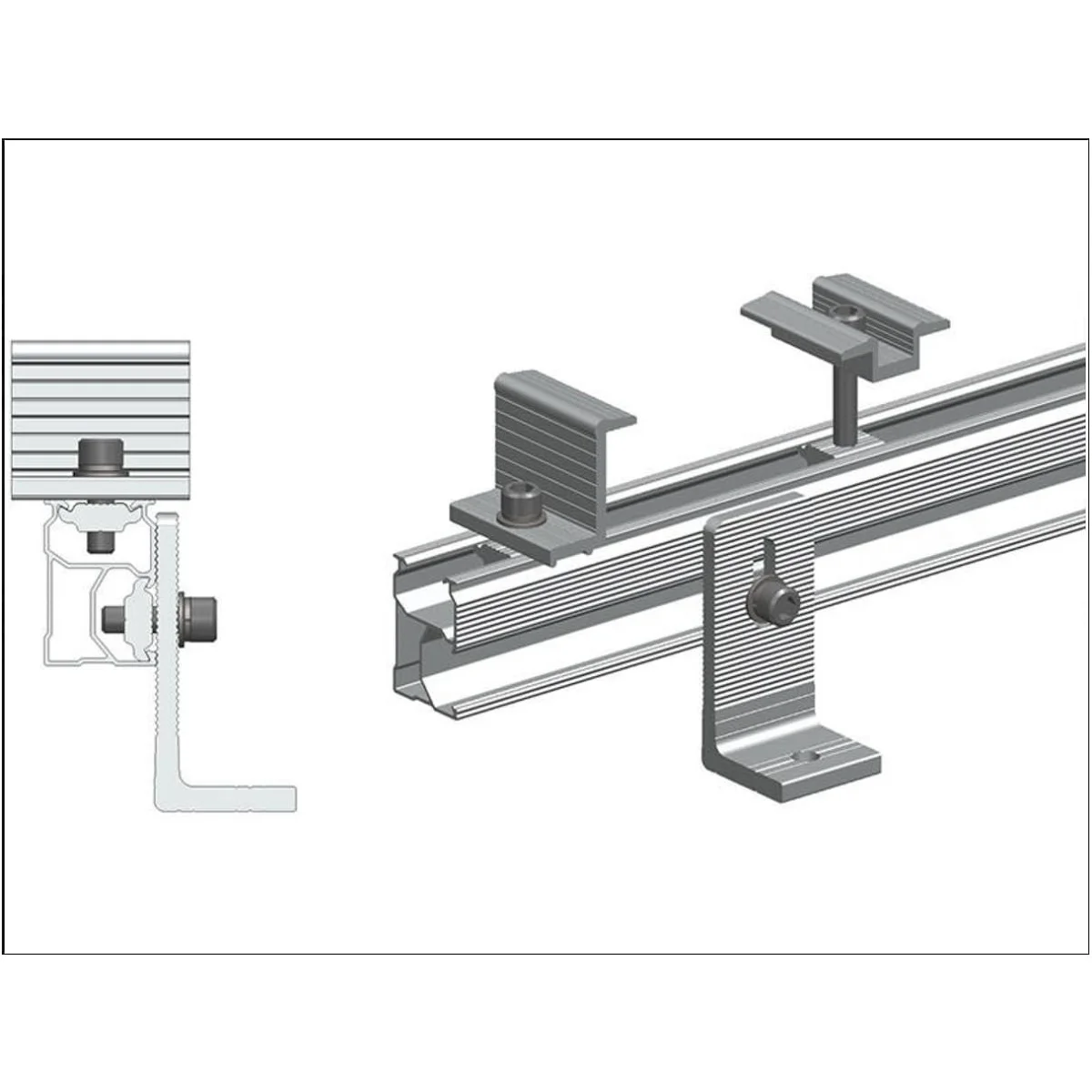 Riel de aluminio para paneles solares 2.4m con mid clamp, end clamp y pata en L